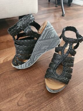 Blowfish Black Braided Wedge Sandals with Patterned Platform